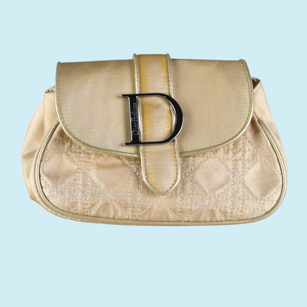 Christian Dior Parfums Evening Bag Make Up Satin Logo Champagne Vintage Clutch